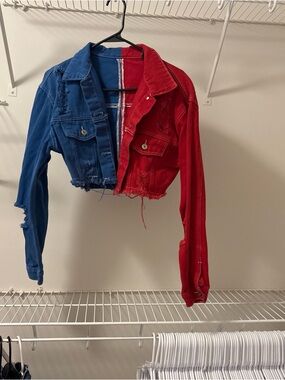 Colorblock Cropped Denim Jacket - Red & Blue